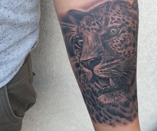Tatouage realiste animaux guepard noir et gris
