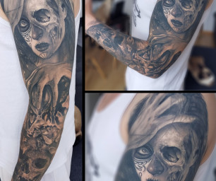 Manchette tatouage noir et gris portrait catrina skull realiste