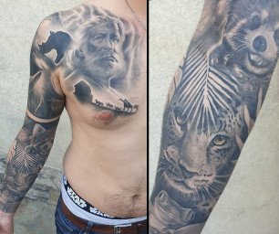 Tatouage realiste animaux portrait noir et gris manchette
